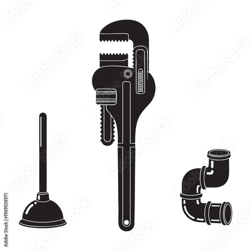 Plumber Profession Icons Pipe Wrench Plunger Elbow Silhouette Vector