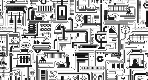 Abstract seamless pattern of complex industrial machinery and interconnected mechanical elements. Technical pipes, gears, and parts background.