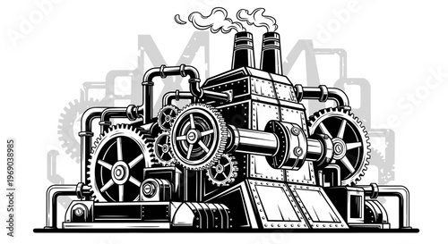 Steampunk Industrial Factory Machine Illustration with Gears, Pipes, and Smoke. Vintage Mechanical Engine Design.
