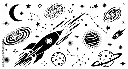 Black and white space elements vector set featuring rocket, planets, stars, galaxies, moon, constellations, and comets. Cosmic graphic collection.