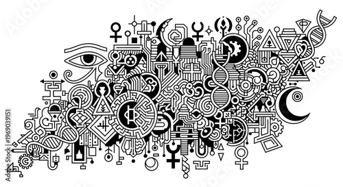 Intricate black and white doodle illustration. Abstract vector design merging scientific, spiritual, and esoteric symbols for connection and mystery.