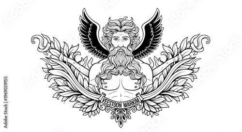 Classical winged bearded male figure surrounded by ornate laurel leaves, monochrome vintage heraldic illustration