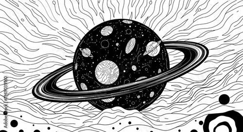 Monochrome cosmic illustration of a ringed planet adorned with stars and celestial bodies amidst swirling abstract lines, space art.