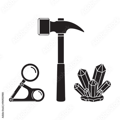 Geologist Profession Icons Rock Hammer Loupe Crystal Silhouette Vector Set