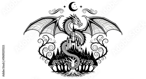 Fantasy Black Dragon Guarding Dark Castle with Mystical Forest and Crescent Moon Monochrome Illustration
