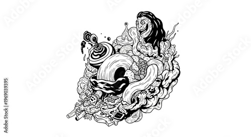 Intricate black and white surreal illustration of abstract organic shapes, a woman's face, and swirling grotesque elements, detailed fantasy art