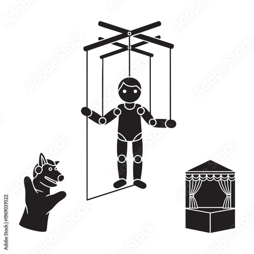 Puppeteer Profession Icons Marionette Hand Puppet Theater Stage Silhouette Vector