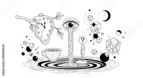Dreamlike Surreal Line Art Illustration of Melting Clock, Crying Eye, Pondering Figure, and Cosmic Abstract Elements