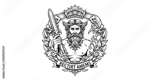 Regal bearded king or god with crown and sword, elaborate black and white line art vector, heraldic crest emblem design