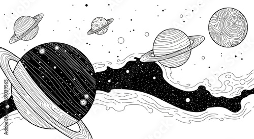 Detailed hand-drawn illustration of celestial bodies in cosmic space. Black and white line art depicting planets, stars, and galaxies.