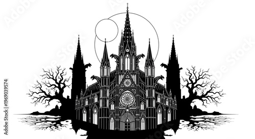 Mysterious Dark Gothic Cathedral Illustration with Moon and Barren Trees. Spooky Fantasy Architecture Silhouette.