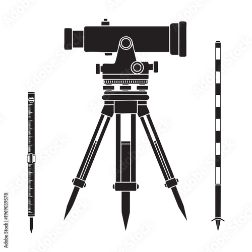 Surveyor Profession Icons Theodolite Staff Rod Ranging Pole Silhouette Vector