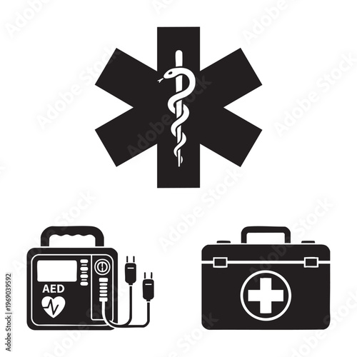 Paramedic EMT Profession Icons Star of Life Defibrillator First Aid Silhouette Vector