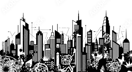 Dynamic Urban Cityscape Illustration, Black and White Skyline with Modern Skyscrapers and Abstract Technological Elements