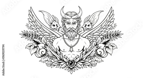 Intricate black and white illustration of a mythical horned man with wings and beard, surrounded by skulls and botanical elements, a fantasy emblem design.