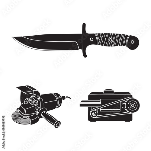 Bladesmith Knifemaker Profession Icons Knife Angle Grinder Belt Grinder Silhouette Vector