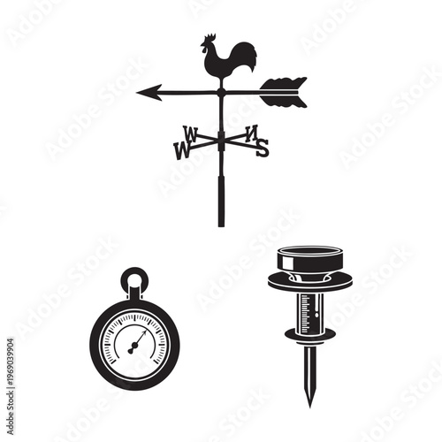 Meteorologist Profession Icons Weather Vane Barometer Rain Gauge Silhouette Vector