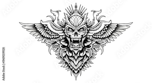 Ornate Winged Skull Illustration with Intricate Decorative Elements. Symmetrical Dark Fantasy Design, Gothic Style Vector Art.