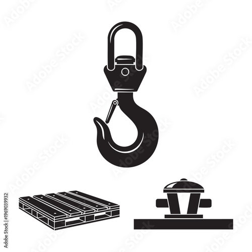 Dockworker Stevedore Profession Icons Cargo Hook Pallet Bollard Silhouette Vector