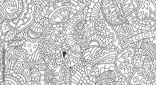 Seamless Intricate Abstract Doodle Pattern, Black and White Line Art Background for Adult Coloring Books and Creative Design