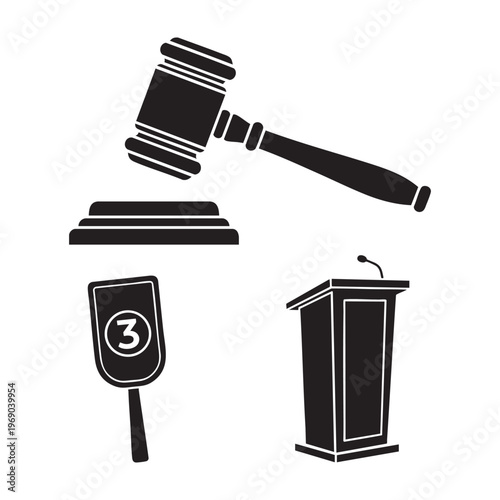 Auctioneer Profession Icons Gavel Paddle Lectern Silhouette Vector Set