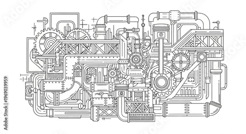 Detailed industrial machinery line art illustration with gears, pipes, and pistons. Complex mechanical engine blueprint design.