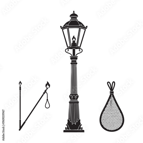 Lamplighter Profession Icons Street Lamp Pole Mantle Silhouette Vector Set