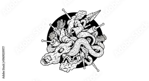 Detailed black and white illustration of a coiled serpent intertwined with sharp ancient weapons, fantasy art