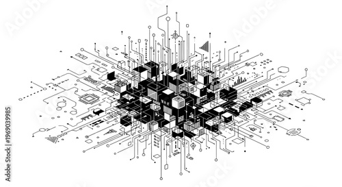 Isometric digital data network with abstract cubes representing big data and technology connections