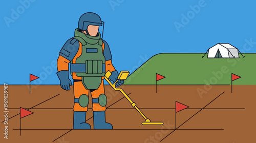 Flat vector illustration of a humanitarian worker in protective gear using a metal detector in a marked field