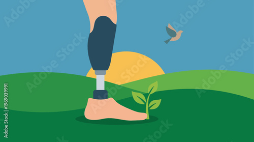 Minimalist flat vector of a prosthetic leg standing on green grass symbolizing recovery and hope