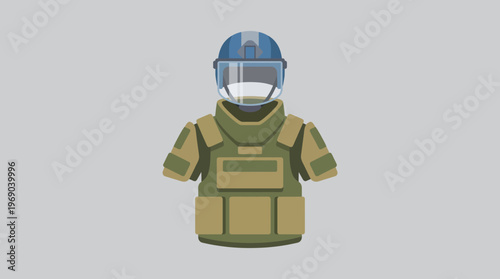 Protective visor and heavy armor vest for demining specialists in a clean flat vector style