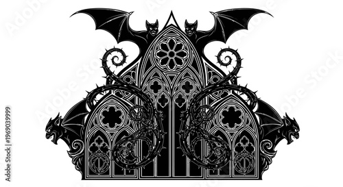 Gothic fantasy window archway with bats, gargoyles, and thorny vines in a dark, ornate, mystical illustration