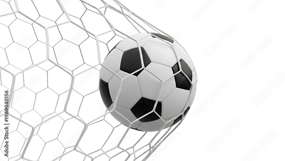 Fototapeta premium A perfectly struck classic soccer ball triumphantly finds the back of a pristine white net, symbolizing a successful goal, victory, and the thrilling culmination of a dynamic sports moment