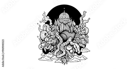 Intricate black and white illustration of a mystical organic structure with swirling tentacles, esoteric patterns, and fantasy elements.
