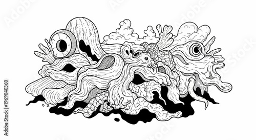 Surreal abstract monster doodle art with multiple eyes, tentacles, and organic shapes. Intricate black and white line illustration.