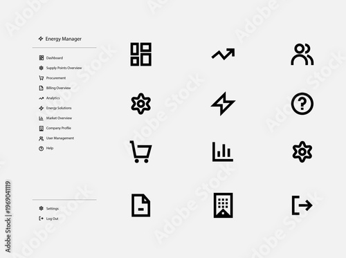 Energy management dashboard UI with sidebar navigation and minimal line icons. Clean modern admin panel interface design for analytics, billing, procurement, and web app systems.