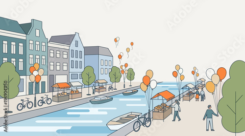 Charming canal market scene with bustling vendors, boats, and festive balloons in a European city setting