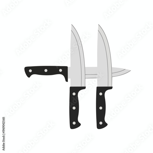 Three knives arranged to form a stylized "H" shape with black handles