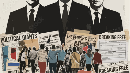 Collage of silhouettes of businessmen with protest signs and crowd in background with a mix of vibrant and muted colors conveying a sense of social change and activism.
