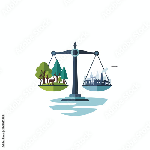 A scale balances nature vs industry, showing an imbalance toward industry