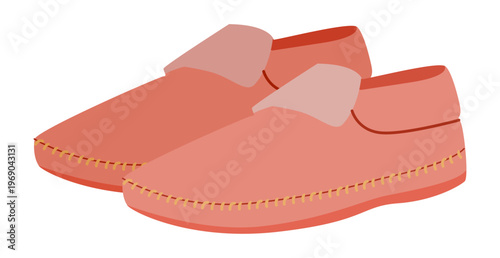 Pink moccasin slipper shoe women flat pair. Cozy stitched soft footwear for weekend rest indoor stroll. Technical fashion illustration CAD mockup soft vector man unisex isolated contemporary style.