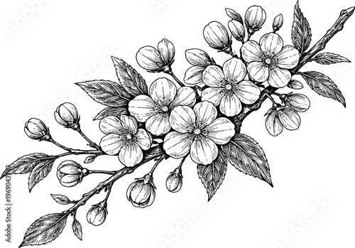 Beautiful hand-drawn vector illustration of a blossoming cherry branch with delicate flowers and unopened buds, perfect for spring designs.