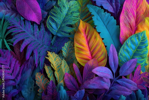 Vibrant Abstract Tropical Foliage Pattern in Neon Purple Blue Green Yellow and Pink with Detailed Leaf Textures and Dark Background
