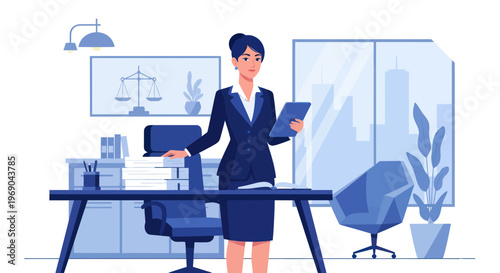 Female lawyer in office with tablet, scales of justice symbol, city view