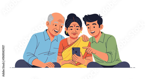Indian Family Sharing Smartphone Together - Multi-generational Connection