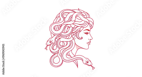 Medusa head profile, mythical creature with snake hair, Greek mythology illustration