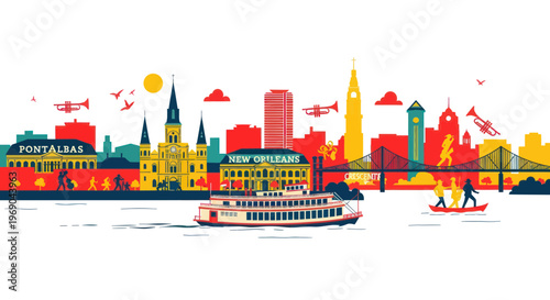 New Orleans Skyline with Steamboat and Jazz Trumpets