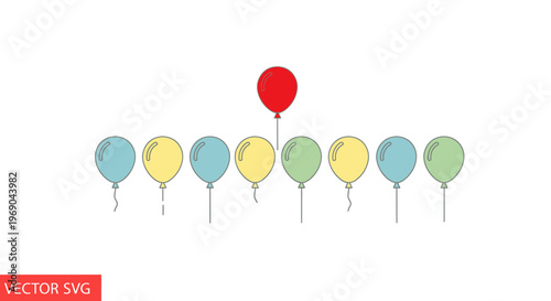 Red Balloon Stands Out Among Blue, Yellow, and Green Balloons - Unique Concept