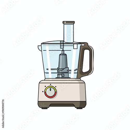 A kitchen appliance with a clear bowl, silver blade, and rotary dial